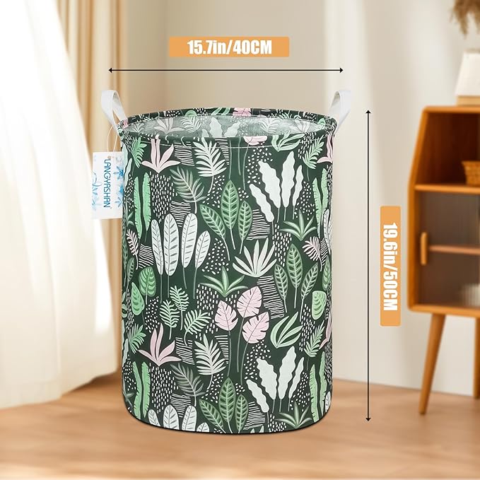 Laundry Basket Canvas Fabric Collapsible Organizer Basket for Storage Bin Toy Bins Gift Baskets Bedroom Clothes Children Nursery Hamper (Round Leaf)