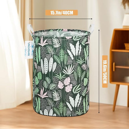 Laundry Basket Canvas Fabric Collapsible Organizer Basket for Storage Bin Toy Bins Gift Baskets Bedroom Clothes Children Nursery Hamper (Round Leaf)