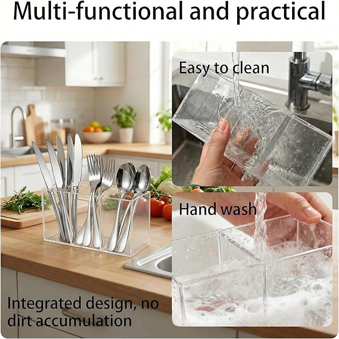 Daxolanz 3 Section Acrylic Cutlery Organizer for Countertop, Modern Flatware Storage Caddy for Spoons Forks Knives, Space Saving Utensil Holder for Kitchen, Cabinet or Dining Room (Medium)