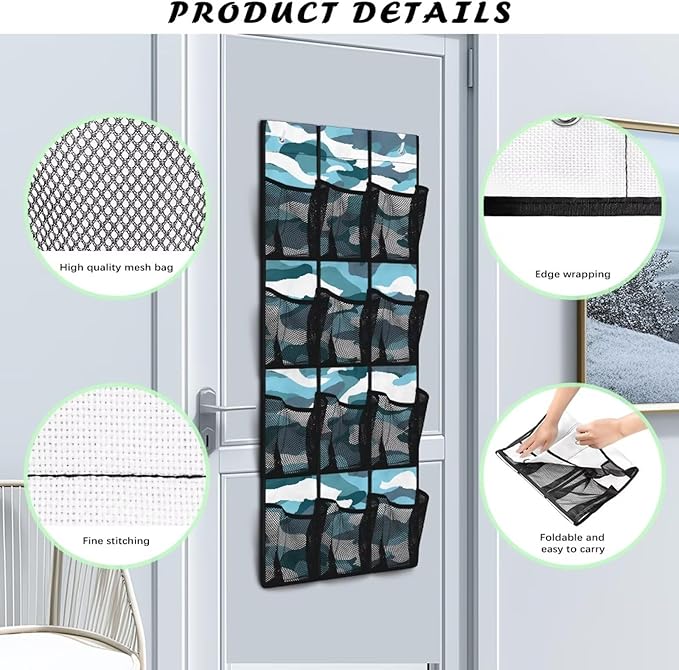 Generic Blue Camouflage Bed Organizer Hanging Pocket Strong Door Storage Organizer Heavy Duty Over Door Storage Organizer with Waterproof Pockets for Dormitory Kitchen