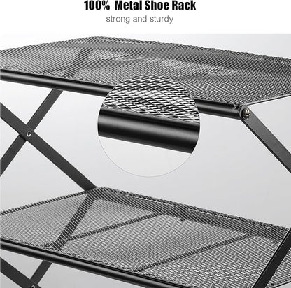 Shoe Rack for Entryway 4 Tier Foldable Shoe Rack Without Assembly Collapsible Metal Shoe Organizer Folding Shoe Storage Rack for Door, Living Room, Black