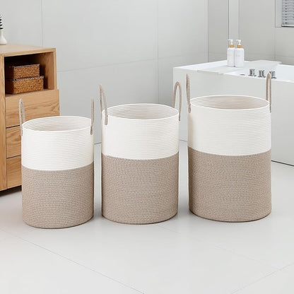 Laundry Basket Hamper Tall Rope Storage Woven for Blanket toys Dirty Clothes in Living Room Bathroom Bedroom (White&Brown, 80L/21.3Gal)
