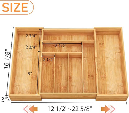 BAMEOS 3" Deepth Expandable Drawer Organizer, Deep Flatware Organizer, Adjustable Silverware Organizer, Bamboo Drawer Organizer for Kitchen, Bathroom (Natural)