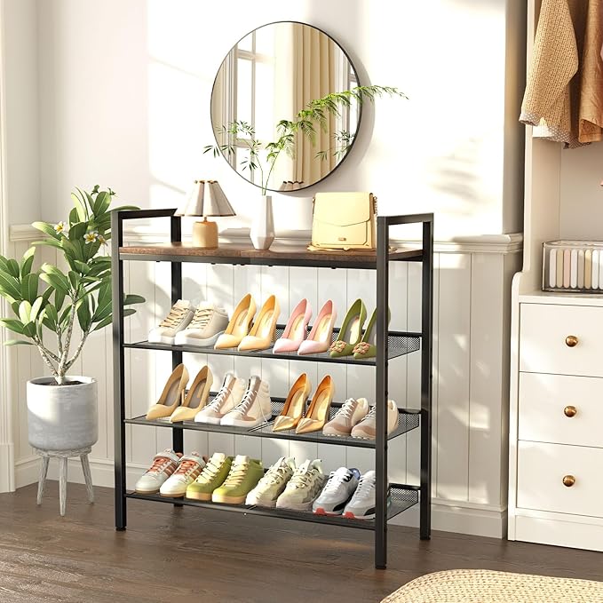 WIN4ALL Shoe Rack for Front Door Entrance, 4 Tier Shoe Rack for Entryway, 12-16 Pairs of Shoes, Metal Shoe Rack Organizer, Free Standing Shoe Rack for Closet (Black+Rustic Brown)