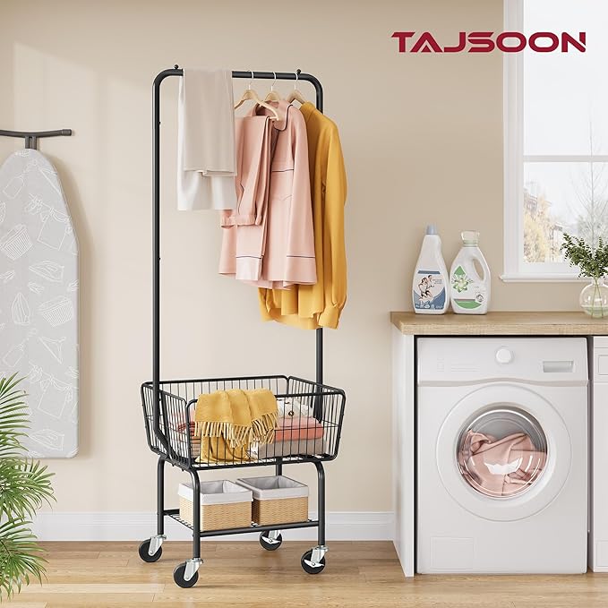 Tajsoon Laundry Cart with Hanging Rack, Metal Laundry Basket with Wheels, Laundry Hamper with Storage Basket and Shelf, Rolling Laundry Cart with Wheels, Black