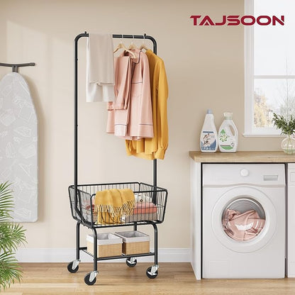 Tajsoon Laundry Cart with Hanging Rack, Metal Laundry Basket with Wheels, Laundry Hamper with Storage Basket and Shelf, Rolling Laundry Cart with Wheels, Black