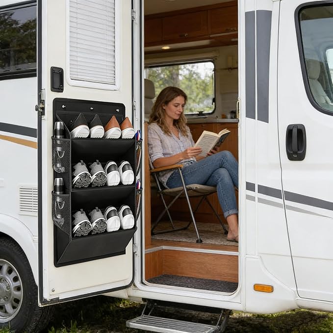 Hanging Shoe Storage Organizer for Motorhome, RV Door Organizer with 3 Compartments,Camper Van Accessories For Motorhome Shoes Storage,Motorhome Essentials,caravan storage solutions (2, 3 tier grey)