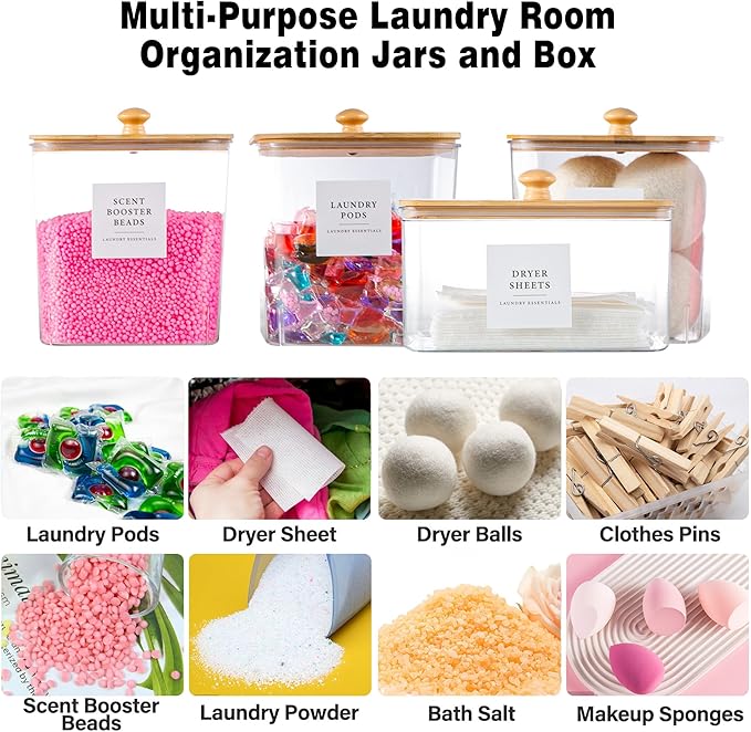 Laundry Room Organization Container, 4pcs Acrylic Laundry Pod Storage Containers, Dryer Sheet Holder Jars with Bamboo Lids and Labels for Scent Booster Powder Detergent Pods Storage