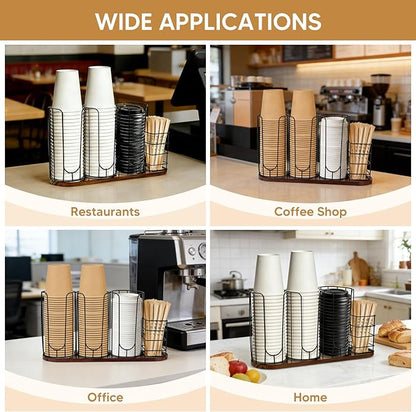 4-Compartment 18oz Coffee Cup Dispenser Rack with Wood Base, Disposable Cup Holder,Cup and Lid Holder with Straw Organizer,for Stirrers Pod Countertop, Plastic Cup Station