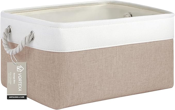 Large Storage Baskets- 15.7x11.8x8.26 inch Storage Bins for Shelves and Closet Organizing, Foldable Fabric Bin for Home Organization Clothes and Laundry (1-Pack, White&Khaki)