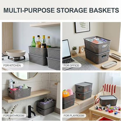6 Pack Small Plastic Storage Baskets with Lids, Plastic Storage Baskets for Organizing, Stackable Organizer Baskets, Small Storage Bins for Shelves,Closet,Craft Room,Playroom,Classroom,Office, Grey