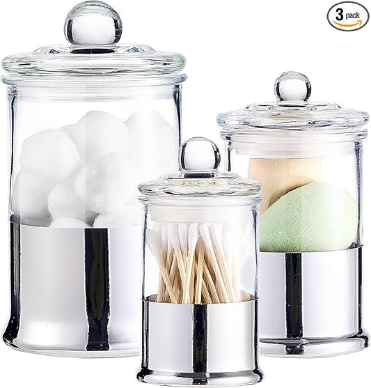 KMwares 3PCs Set Small Glass Premium Quality Apothecary Jars with lids Bathroom Accessories Set for Bathroom Laundry Room Storage Organizer Canisters Cotton Balls Q-Tips (Sliver jar)