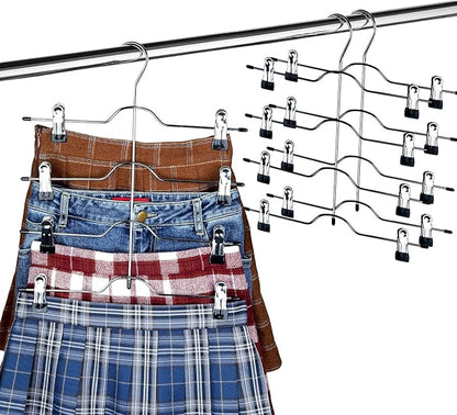 Szxc 2 Pack Skirt Pants Hangers with Adjustable Clips - 4 Tier Chrome with Black Vinyl - Non-Slip Durable - Closet Storage Organizer Space Saving (Pants Skirt Hangers (Set of 2)