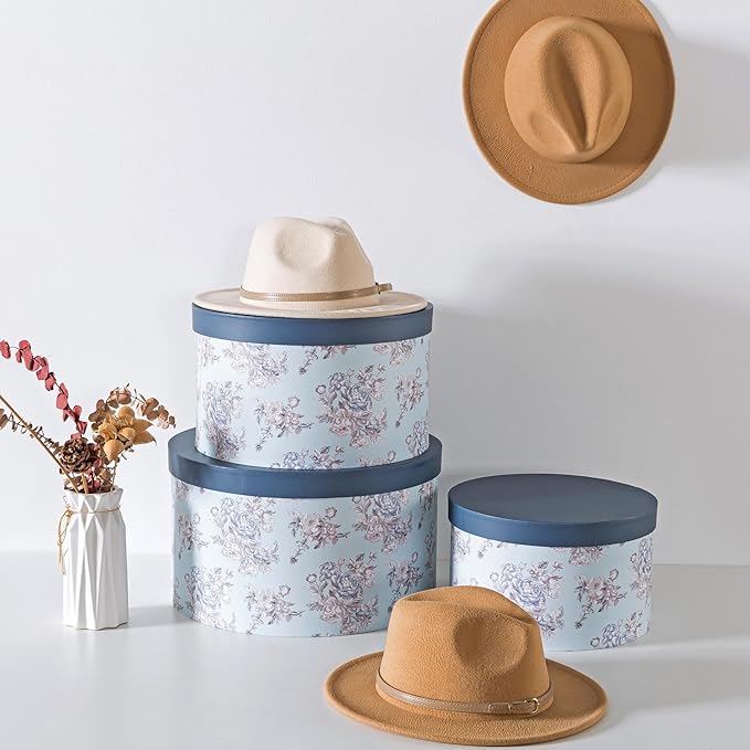 Soul & Lane Cardboard Hat Boxes with Lids – Set of 3 Vintage Storage for Women, Large Round Gift Case for Cowboy or Fedora Hats, Sturdy Paperboard Keepsakes Organizer, Victorian Floral