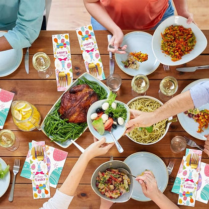 FoldTier 100 Pieces Easter Utensil Cutlery Holders Pouch Bags Easter Napkins Set Bunny Egg Silverware Holder Bag Utensil Sleeve Luncheon Napkins Spring Disposable Paper Napkins for Easter Party Table