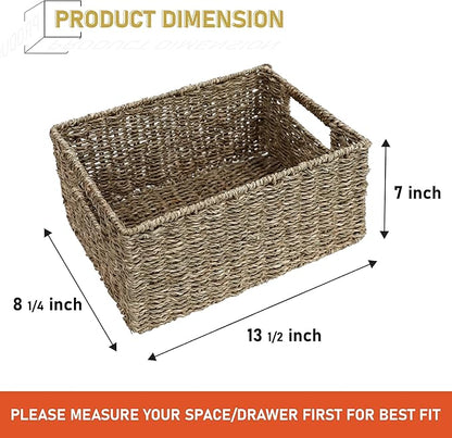 HOMESTEAD 2-Pack Rectangular Seagrass Storage Baskets with Built-In Handles, Handwoven Wicker Baskets for Pantry, Shelf, Closet & Bathroom Organization, 13.25 x 8.25 x 7.25 in