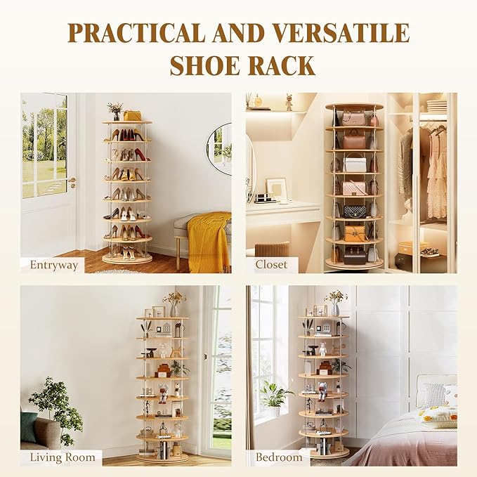 TAKEKIT 7-Tier Rotating Shoe Rack, 360 Degree Spinning Shoe Rack Tower, Lazy Susan Storage Tower Made of Acrylic and Wood, Round Rotating Organizer Shelf for Closet, Entryway and Bedroom