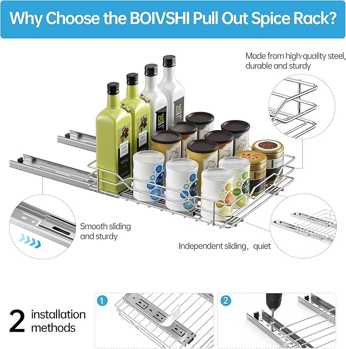 BOIVSHI Spice Rack Organizer for Cabinet, Heavy Duty Pull Out Spice Rack, Metal 1 Tier Spice Organizer for Cabinet, Kitchen, Pantry, Chrome, 8.5”W x 10.5”D x 2.3”H
