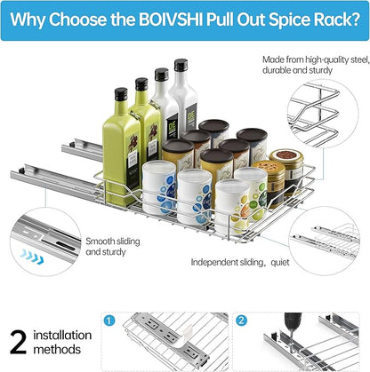 BOIVSHI Spice Rack Organizer for Cabinet, Heavy Duty Pull Out Spice Rack, Metal 1 Tier Spice Organizer for Cabinet, Kitchen, Pantry, Chrome, 8.5”W x 10.5”D x 2.3”H