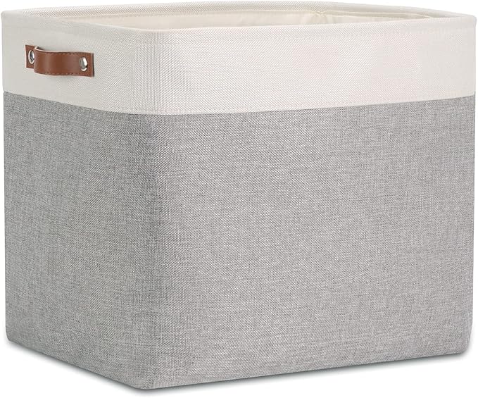 DULLEMELO Large Storage Baskets with Handles, Fabric Storage Bins for Organizing Clothes Toys Books, Canvas Storage Bin for Office Bedroom Closet Nursery Laundry Storage (White&Gray)