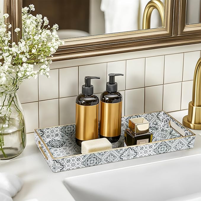 MAONAME Plastic Vanity Tray, Bathroom Counter Tray, Decorative Trays with Handles, Storage Dresser Trays Organizer for Toilet Tank, Jewelry, Makeup, 13.8" x 6" x 1.57"