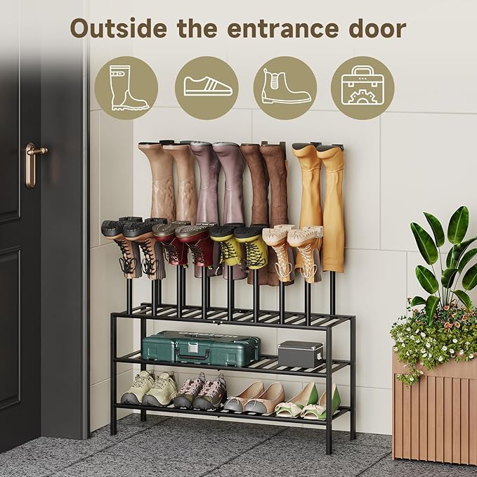 Boot Rack for Tall Boots Organizer,3-Tier Multiuse Shoe Rack and Boot Storage Rack,for Tall Boots,Sneakers,High-Heel (Black, 3-Tier-Long)