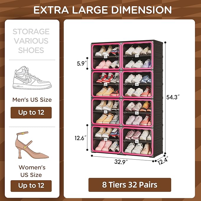 Vipbox No Assembly 8 Tier Collapsible Shoe Rack, 32 Pairs Foldable Shoe Storage Cabinet with Doors, Large Shoe Organizer for Closet, Black & Rose Red