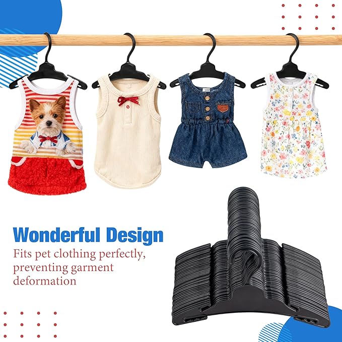 54 Pcs Dog Clothes Hangers 7 Inch Black Plastic Pet Clothes Hanger with Anti-Slip, Pet Clothes Hangers Suitable for Dog, Cat Clothes, Small Pet Clothes, Pet Wardrobe Organization Hangers