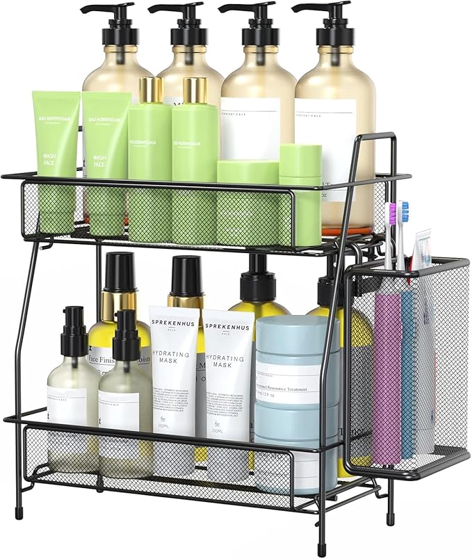 Bathroom Organizer with Basket, 2-Tier Bathroom Tray for Countertop Storage Shelf, Bathroom Counter Organizer, Vanity Organizer and Storage Kitchen Counter Organizers Spice Rack