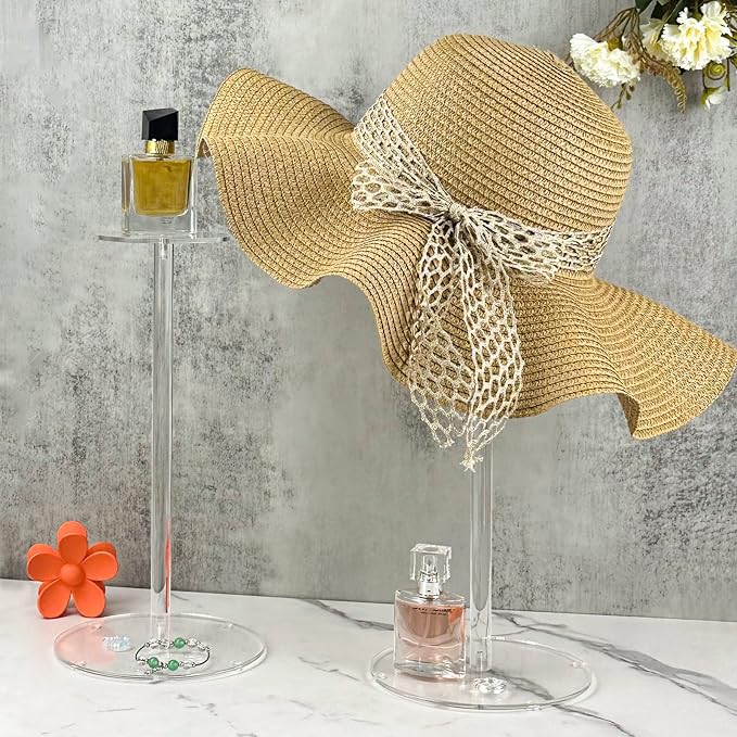 Acrylic Hat Stand and Wig Display Rack, 2pcs 17" Clear Hat Stands, Adjustable Height Hat Holder, Round Barbell Base