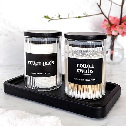 Mason & Fable Ribbed Glass Bathroom Jars & Tray Set | 10 fl oz, Set of 2 Storage Canister with Airtight Black Bamboo Lids | Cotton Pad/Swab/Q tip Holder/Bath Salt/Clear Vanity Apothecary Organizer