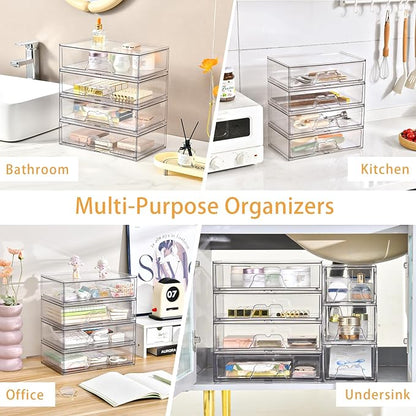 3 Pack Stackable Makeup Organizer, 12.1''L Acrylic Bathroom Organizer and Storage Undersink Drawer, Cosmetics and Beauty Supplies,Clear Plastic Storage Bins for Vanity,Pantry,Desk,Cabinet,Kitchen
