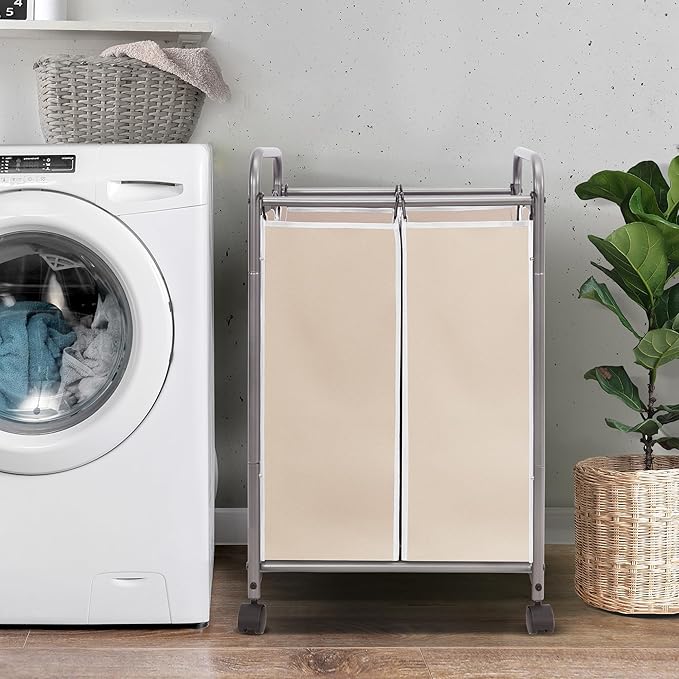 STORAGE MANIAC Laundry Sorter 2 Section, 90 L Gal Laundry Hamper with Wheels, Clothes Basket Separator Sorter, 2 Bag Clothes Cart with Wheels and Removable Bags for Closet, Dorm, Collage, Beige