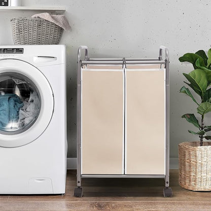 STORAGE MANIAC Laundry Sorter 2 Section, 90 L Gal Laundry Hamper with Wheels, Clothes Basket Separator Sorter, 2 Bag Clothes Cart with Wheels and Removable Bags for Closet, Dorm, Collage, Beige