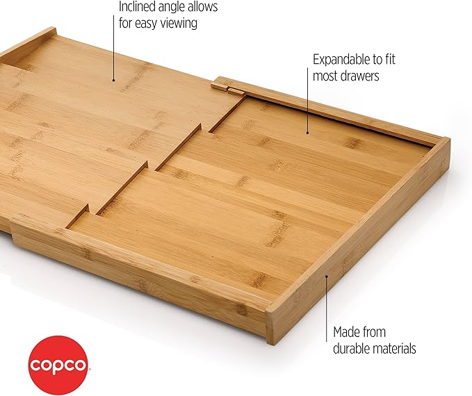 Copco 4 Tier Expandable Bamboo Spice Organizer for Drawers, Adjustable from 12.2 inch to 23 Inch, In Drawer Rack for Kitchen, Holds 32 Jars, Durable & Eco-Friendly Spice Storage Solution