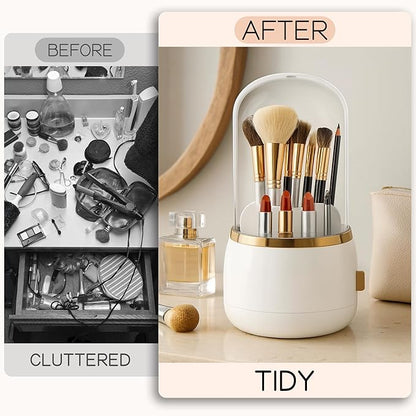 Toothbrush Holder with Lid Cosmetic Tools Organizer 360 Rotating 7-Slot Draining Waterproof Dustproof Make Up Brushes Toothbrush Storage for Dresser Vanity Bathroom Countertop