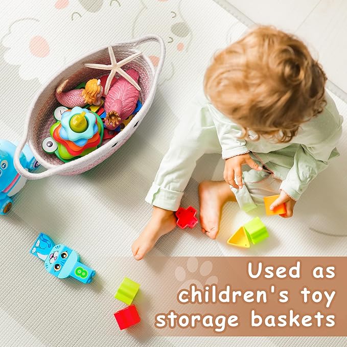 STOBSK Small Woven Baskets for Organizing with Handle Cute Cotton Basket for Nursery Gift Dog Cat Toy Storage Basket for Toy Organizer-Pink