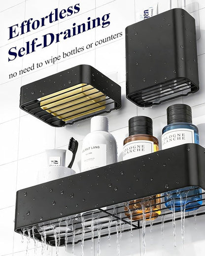 Kitsure Shower Caddy Adhesive - 6-Pack, No-Drilling Shower Shelves with Soap Holder, Toothbrush Holde, 6 Hooks, Rustproof & Stylish Bathroom Organizers and Storage Solution, Black, Large
