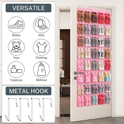 40-Pocket Over the Door Shoe Organizer - Large Mesh Pocket Hanging Shoe Organizer,Behind the Door Shoes Storage Holder Hanger (Pink)