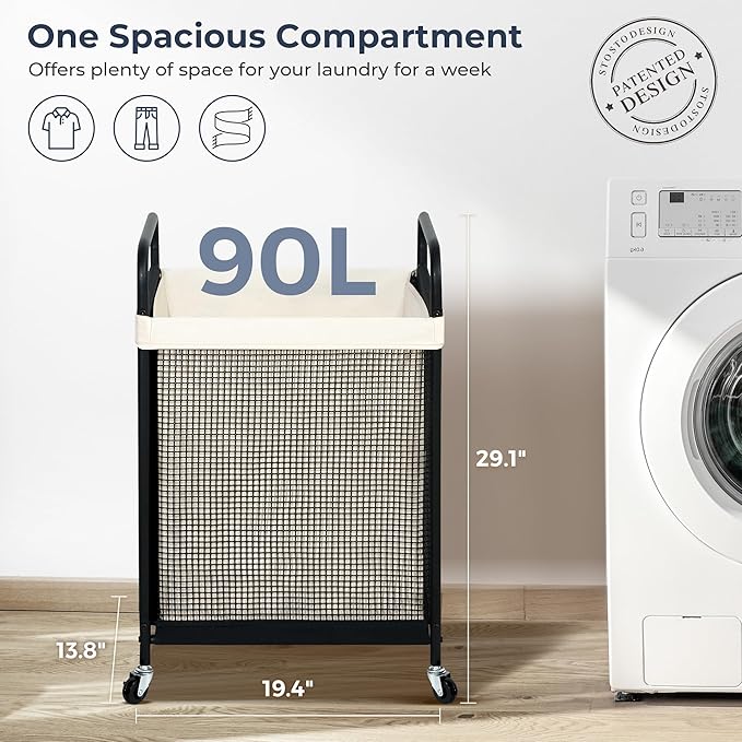 STO STO Laundry Hamper, 90L Rolling Laundry Sorter Cart with Removable and Washable Liner Bag, Clothes Hamper with Wheels and Metal Handle for Laundry Room and Bedroom