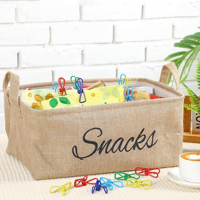 Newtay 17 Pcs Snack Basket Sets, Snack Storage Bin for Pantry Shelves with 16 Pcs 2 Inch Chip Clips, Basket Organizer for Kitchen Home, Chips, Popcorn, Candy, Pretzels(Burlap,Khaki)