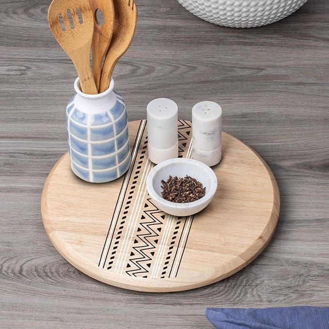 CounterArt Tribal Decorative Round Light Natural Wood Lazy Susan Turntable 14" Diameter Condiment Caddy, Cheese Server, Cake Plate, Spice Organization