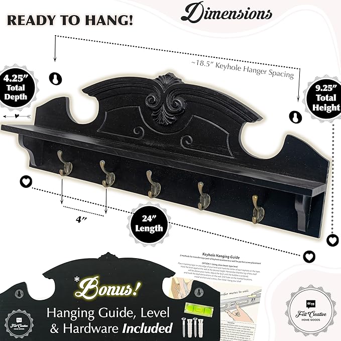 Felt Creative Home Goods Coat Hanger Wall Mount with Shelf Gorgeous 24" Farmhouse Coat Rack with 5 Hooks and Floating Shelf for Entryway, Jackets, Robes, Purses, Keys (Solid Black Pine)