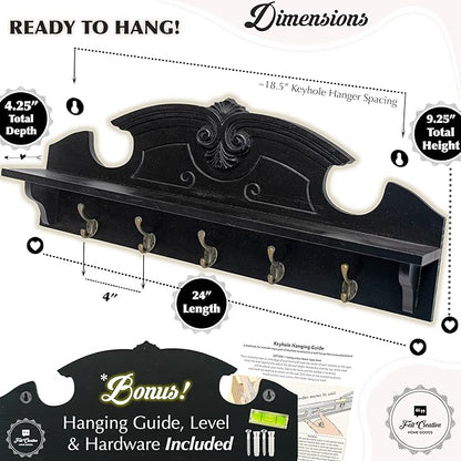 Felt Creative Home Goods Coat Hanger Wall Mount with Shelf Gorgeous 24" Farmhouse Coat Rack with 5 Hooks and Floating Shelf for Entryway, Jackets, Robes, Purses, Keys (Solid Black Pine)