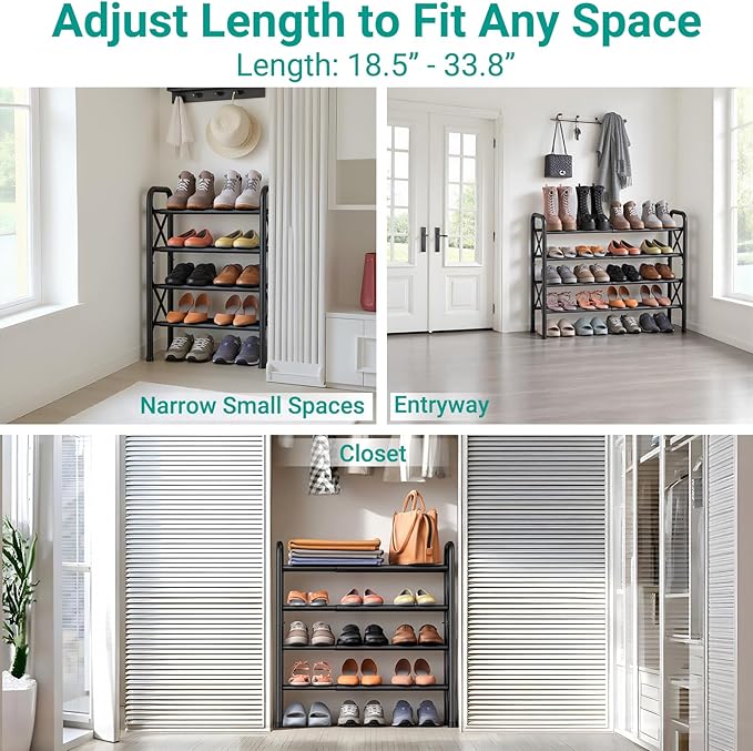 YEASHEIN 4-Tier Expandable Shoe Rack for Closet Floor, X-Frame Metal Small Shoe Rack for Entryway, Adjustable Shoe Shelf Organizer, Free Standing Shoe Racks for Front Door Entrance, Garage - Black