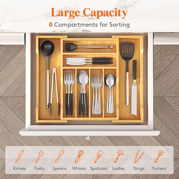 Lifewit Silverware Drawer Organizer, Expandable Utensil Tray for Kitchen, Flatware and Cutlery Holder, Wood Adjustable Storage for Spoons Forks Knives, 28-47 x 38cm, Natural