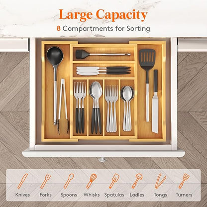 Lifewit Silverware Drawer Organizer, Expandable Utensil Tray for Kitchen, Flatware and Cutlery Holder, Wood Adjustable Storage for Spoons Forks Knives, 28-47 x 38cm, Natural