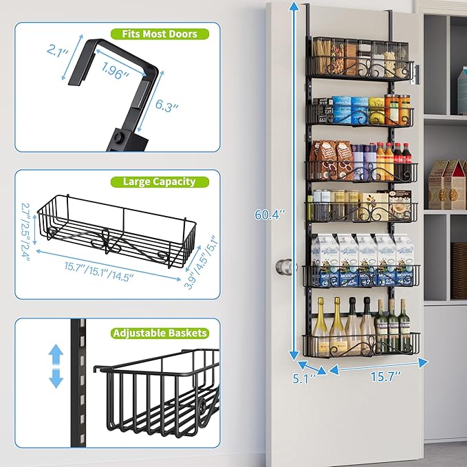 6-Tier Over the Door Pantry Organizer, Pantry Organization And Storage, 60.4"H Adjustable Metal Hanging Storage Organizer Metal Shelving for Home & Kitchen, Office Laundry Room Bathroom Black