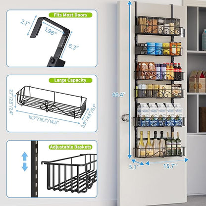 6-Tier Over the Door Pantry Organizer, Pantry Organization And Storage, 60.4"H Adjustable Metal Hanging Storage Organizer Metal Shelving for Home & Kitchen, Office Laundry Room Bathroom Black