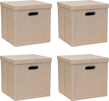 Storage Bins with Lids, Collapsible Linen Fabric Boxes Organizer Containers with Lid Foldable Storage Box Basket for Closet, Shelves, Home, Office, 11 x 11 x 11.4 Inch, 4 Pack, Khaki